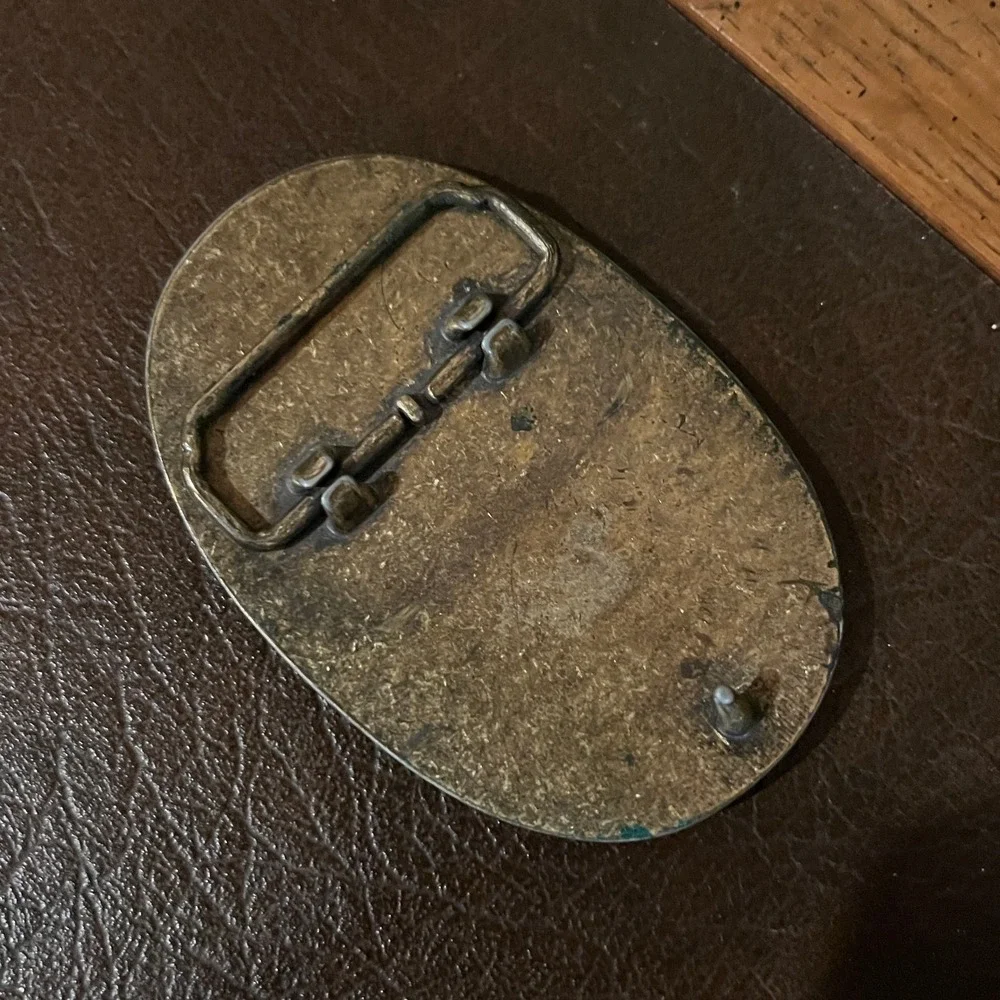 Vintage Southwestern Cross Belt Buckle Leather Inset Brass Tone Cowboy‎ Rustic